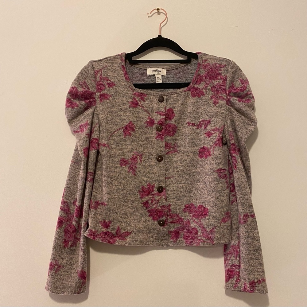 NWOT Girls XL Two Piece Grey Pink Floral Hacci Skirt Cardigan Set - Picture 2 of 15